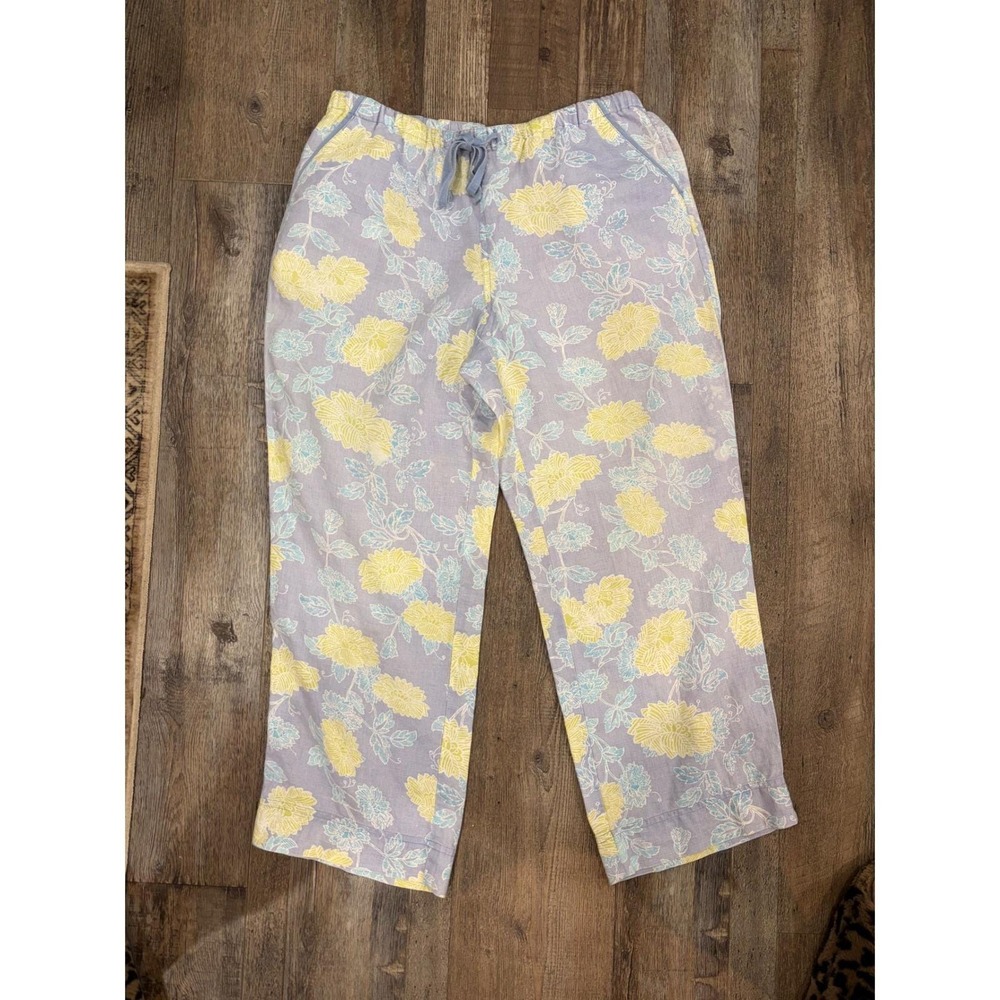 Sigrid Olsen Womens 100% Linen Floral Pants Blue Yellow Drawstring M coastal